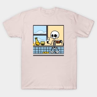 Skeleton in kitchen drinking wine and eating T-Shirt